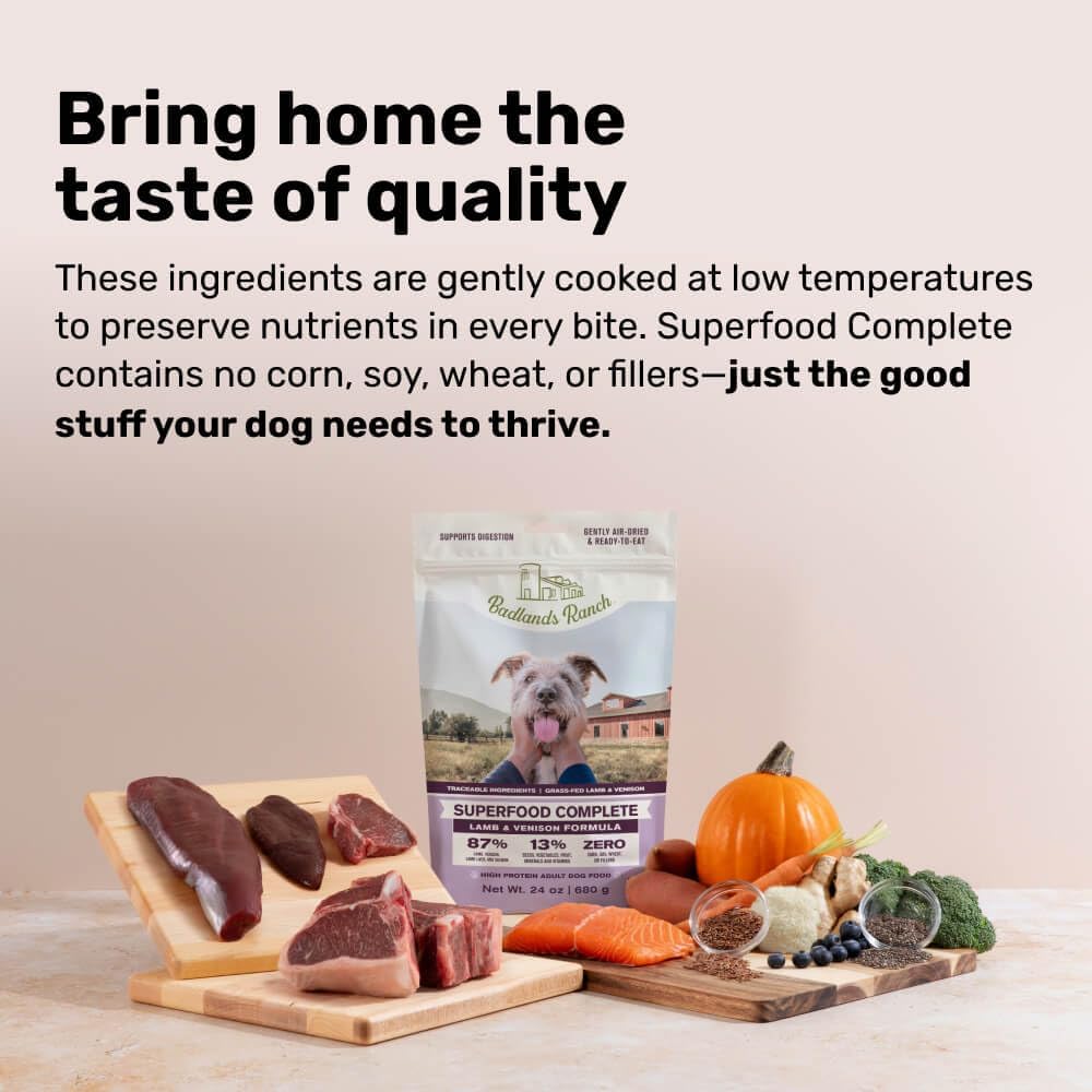 BADLANDS RANCH - Superfood Complete, Air-Dried Adult Dog Food - High Protein, Zero Fillers, Superfood Nutrition by Katherine Heigl (24 oz, Lamb & Venison)