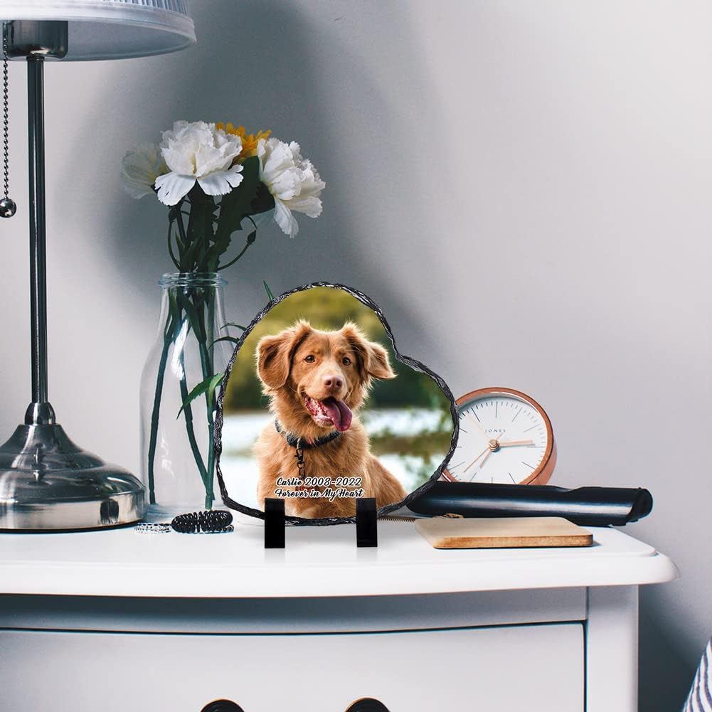 Bemaystar Customized Rock Slate Photo Frame- Personalized Picture Memorial Plaque, Creative Heart Shaped Picture Frame Gift for Couples Families Friends 5.9x5.9