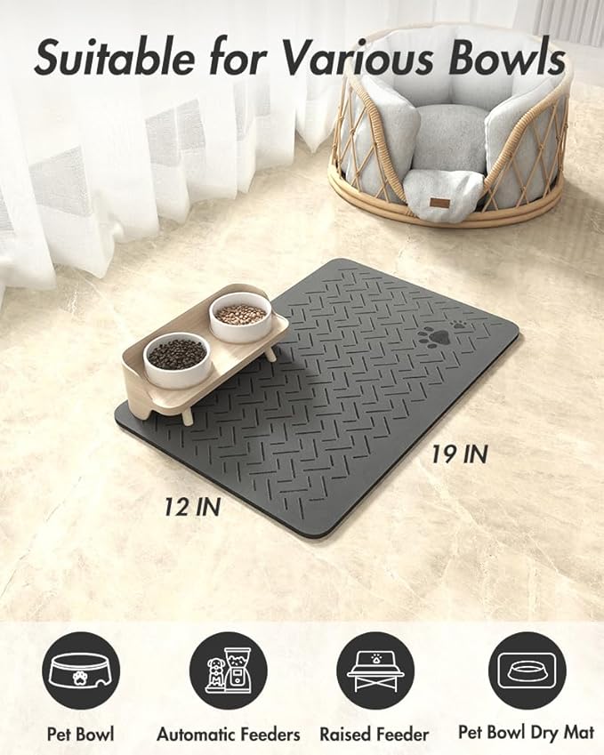 MontVoo-Absorbent Pet Feeding Mat-No Stains Quick Dry Dog Mat for Food and Water Bowl-Rubber Backing Dispenser Mat Accessories Supplies-Dog Bowl Messy Drinkers,Dark Grey