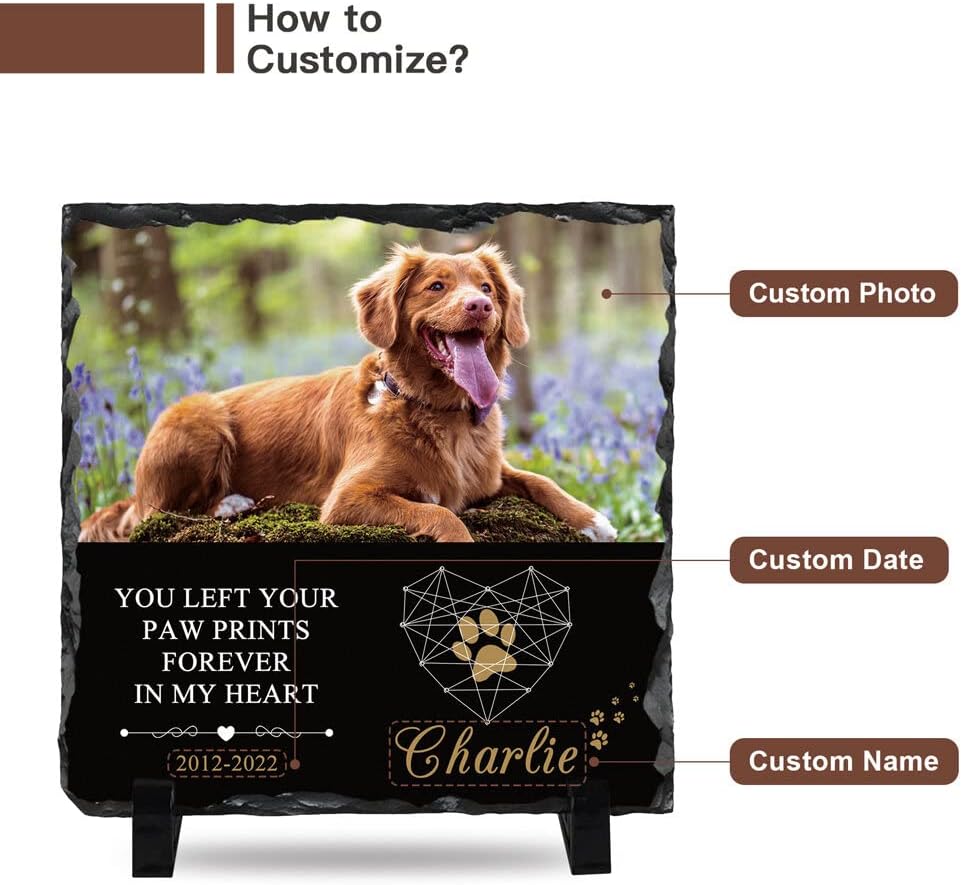 Bemaystar Personalised Dog Memorial Plaque - Customized Rock Slate Stone Picture Frame Plaque with Photo, Pet Memorial Sign with Stand Natural Slate Grave Plaque Pets Bereavement Gifts Loss of Pet