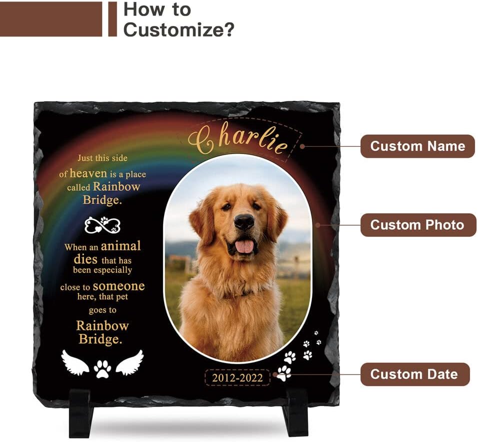 Bemaystar Personalised Dog Memorial Plaque - Customized Rock Slate Stone Picture Frame Plaque with Photo, Pet Memorial Sign with Stand Natural Slate Grave Plaque Pets Bereavement Gifts Loss of Pet