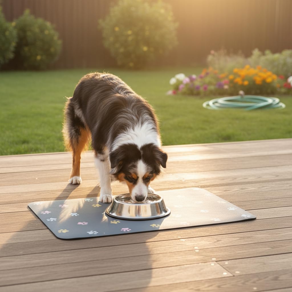 Pet Feeding Mat Absorbent Dog Mat for Food and Water Non Slip Quick Dry Dog Bowl Mats for Floors 27" X 17" Paw Dark Gray