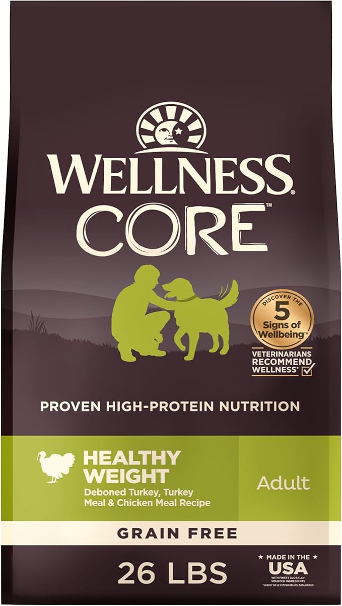 Wellness CORE Dry Dog Food, Grain-Free, High Protein, Natural, Healthy Weight Turkey & Chicken Recipe, (26-Pound Bag)