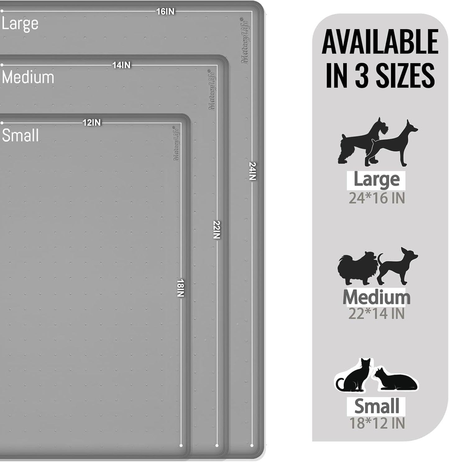 MateeyLife Dog & Cat Food Mat for Floors Waterproof, Nonslip Bowl Mats for Food and Water, Dog Feeding Mats with Raised Edges, Silicone Dog Water Matt Tray for Messy Drinkers, 18"x12", Grey