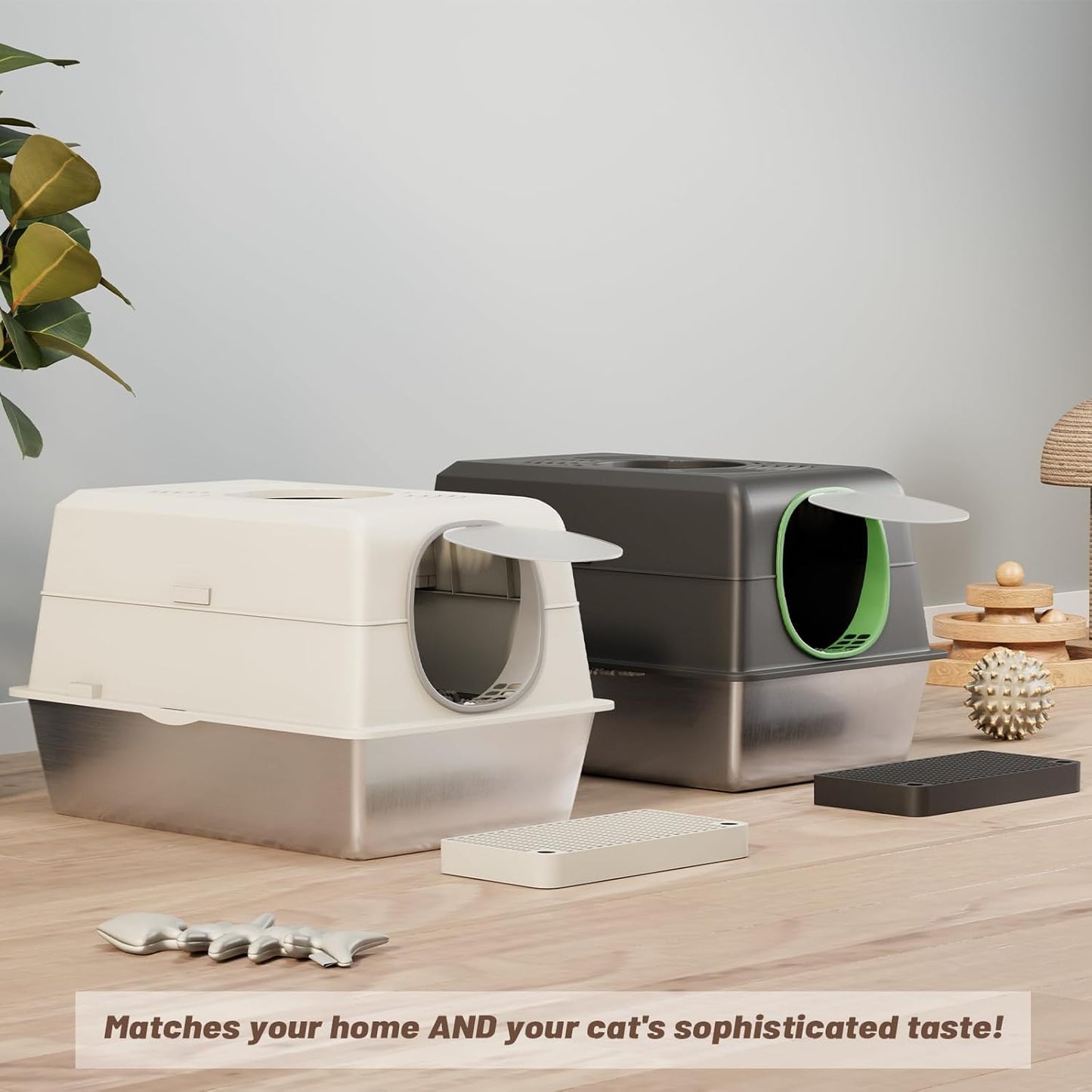 Extra Large Enclosed Stainless Steel Cat Litter Box Enclosure with Lid, Front Dual-Door and Top Exit Metal Cat Litter Pan Box for Big Cats, with Poop Scoop,Box Step, Waste Bin & Trash Bags, Black