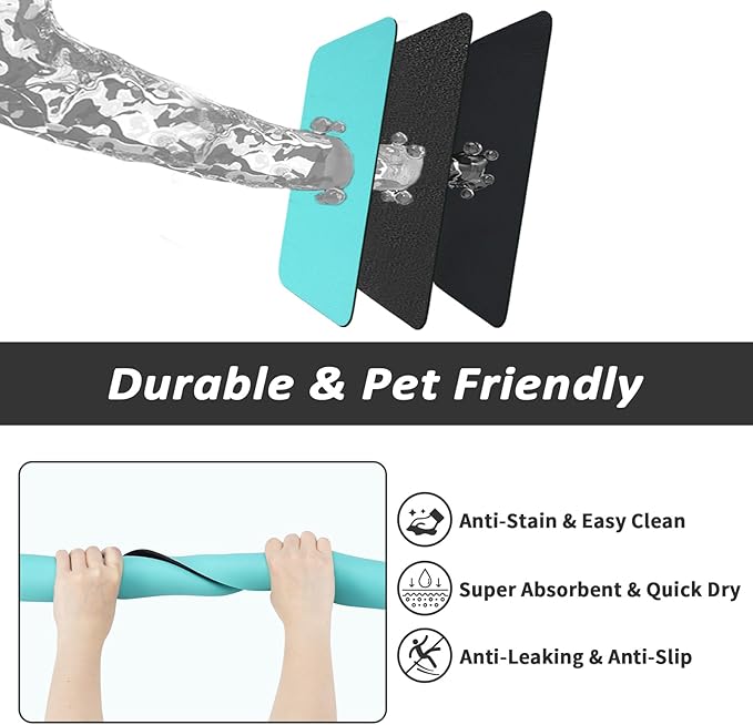 Pet Feeding Mat - Absorbent Dog Mat for Food and Water, No Stains Cat Bowl Mat, Easy to Clean Pet Placemats, Quick Dry Dog Water Dispenser Mat for Messy Drinkers | Teal 12"x 19"