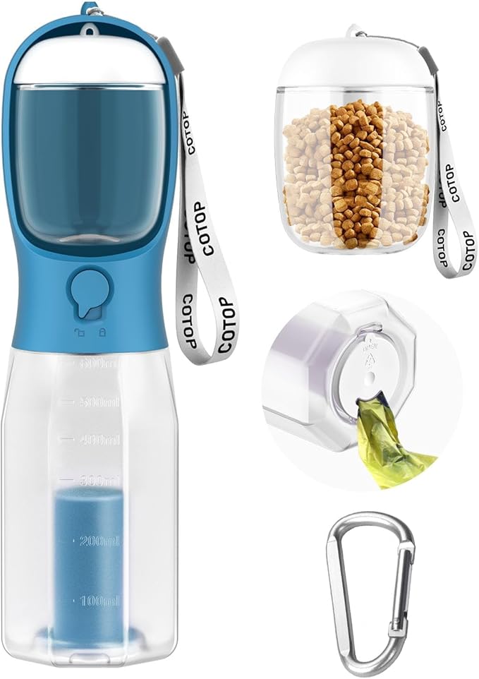 20oz Dog Water Bottle with Food Container & Poop Bag Dispenser | Leak-Proof Portable Pet Water Dispenser with Carabiner Clip | for Walking, Hiking, Travel (Dark Blue, 20oz)
