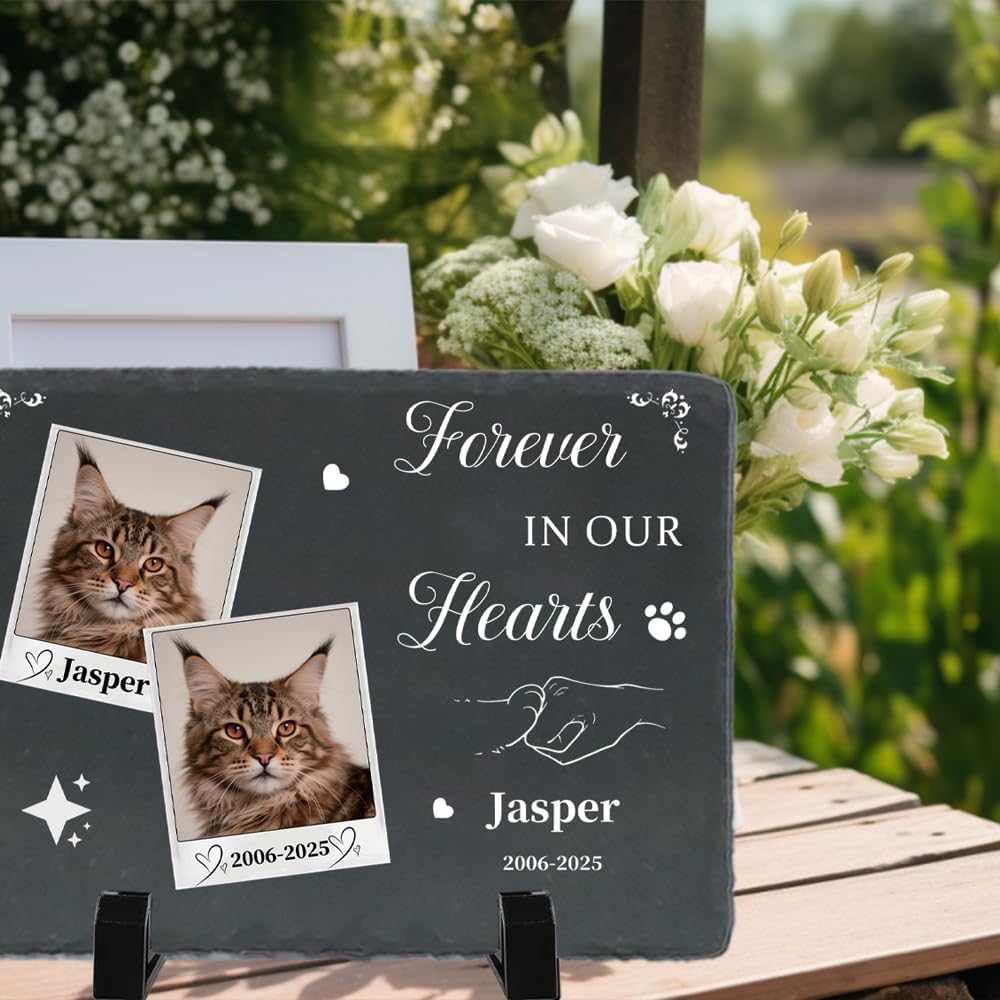 Personalized Pet Memorial Stone - Heart-Shaped Custom Cat Grave Marker with Engraved Name & Photo - Pest Grave Stone for Remembrance Dog/Cat Passing Away Sympathy Gifts (Style L)