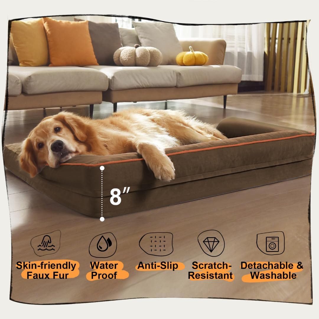 Orthopedic Large Dog Bed Washable: Brown Gaint Size Dog Beds with Removable Washable Cover, XXXL Large Orthopedic Sofa for Big Pet Dogs