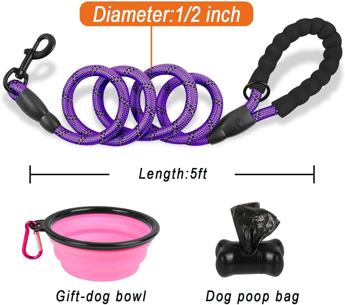 BARKBAY Dog Leashes for Large Dogs Heavy Duty Dog Leash 4/5/6 FT with Comfortable Padded Handle and Highly Reflective Threads for Medium Large Dogs Walking Training Running (5FT-1/2'',Purple)