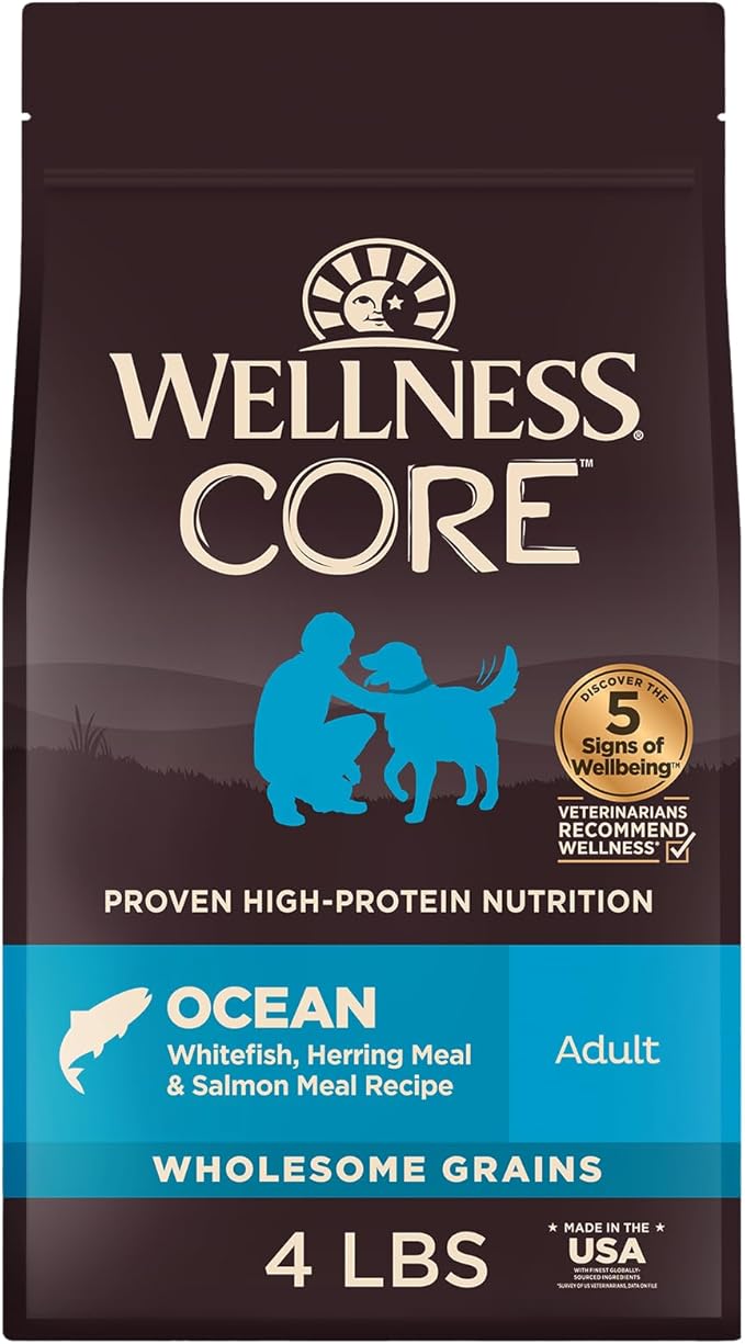Wellness CORE Dry Dog Food, Wholesome Grains, High Protein, Natural, Ocean Whitefish & Herring Recipe, (4-Pound Bag)