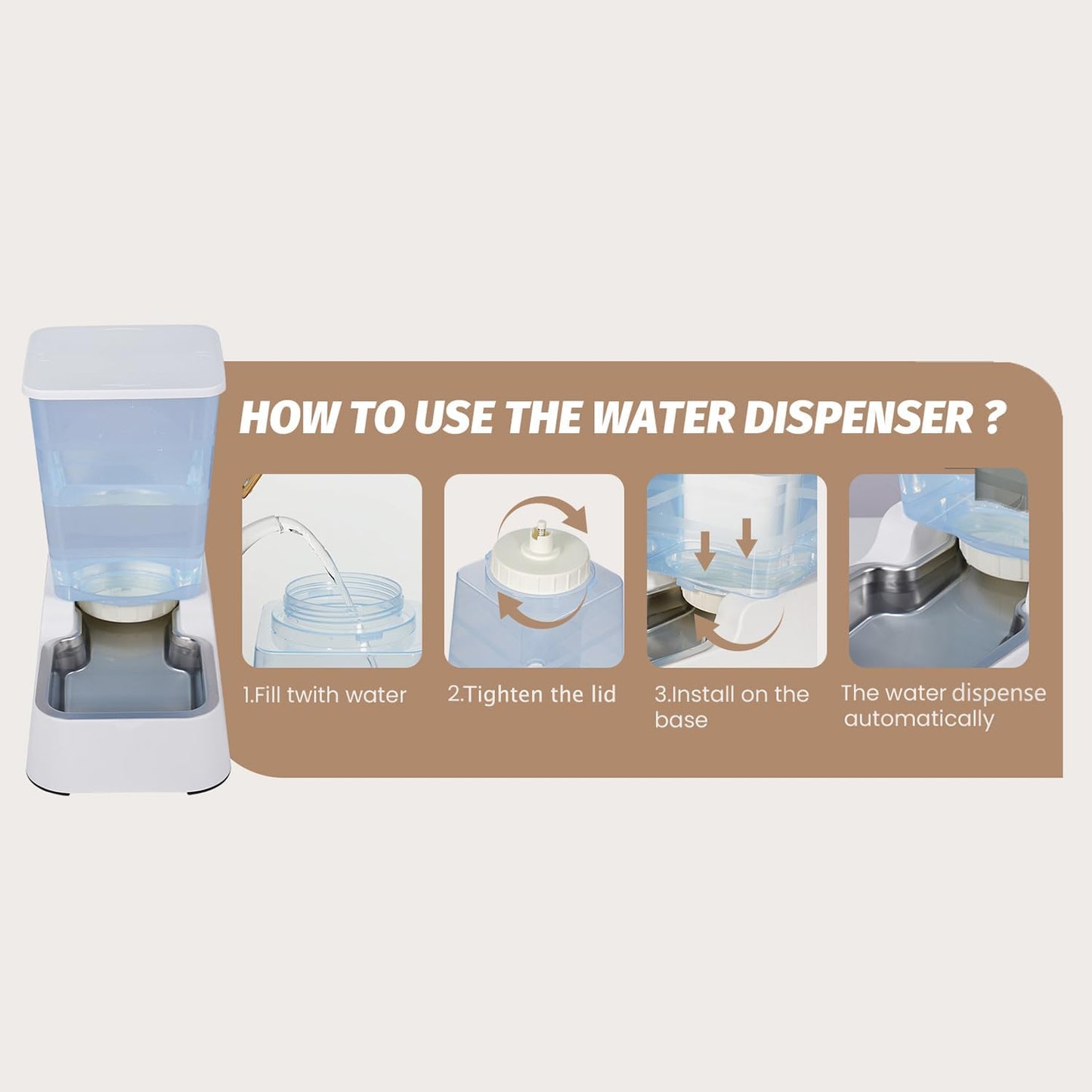 Automatic 5.4L/1.4Gal Pet Waterer, Pet Automatic Dog Water Dispenser Gravity Stainless Steel Water Feeder, Large Capacity Feeding Bowls for Cats and Medium & Large-Sized Dogs (White, Water)