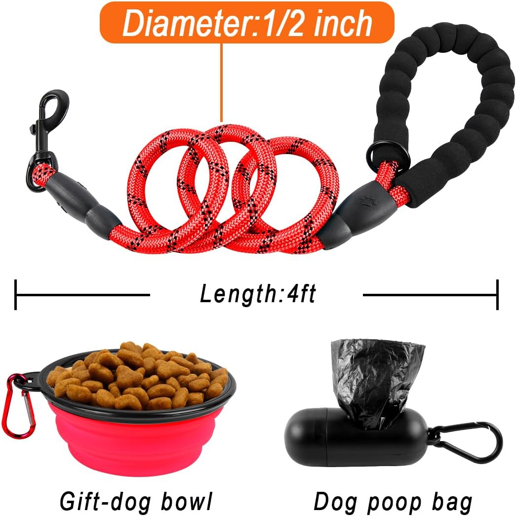BARKBAY Dog Leashes for Large Dogs Heavy Duty Dog Leash 4/5/6 FT with Comfortable Padded Handle and Highly Reflective Threads for Medium Large Dogs Walking Training Running (4FT-1/2'',Red)