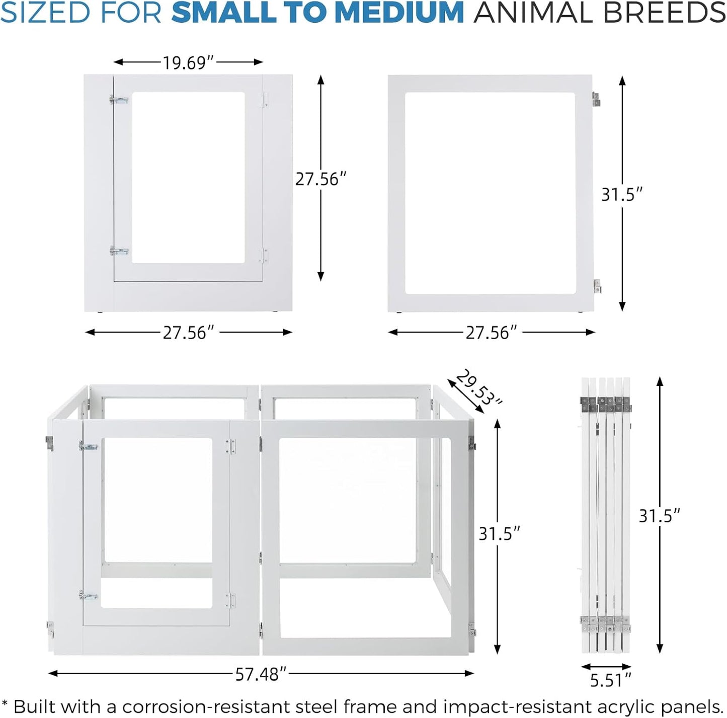 Heavy Duty Clear Acrylic Dog Playpen, Transparent Pet Pen, Metal Frame Easy Assemble Kennel Enclosure, Ideal for Small to Medium Dogs, Cats, and Other Small Pets (White, 6 Panels with Door)