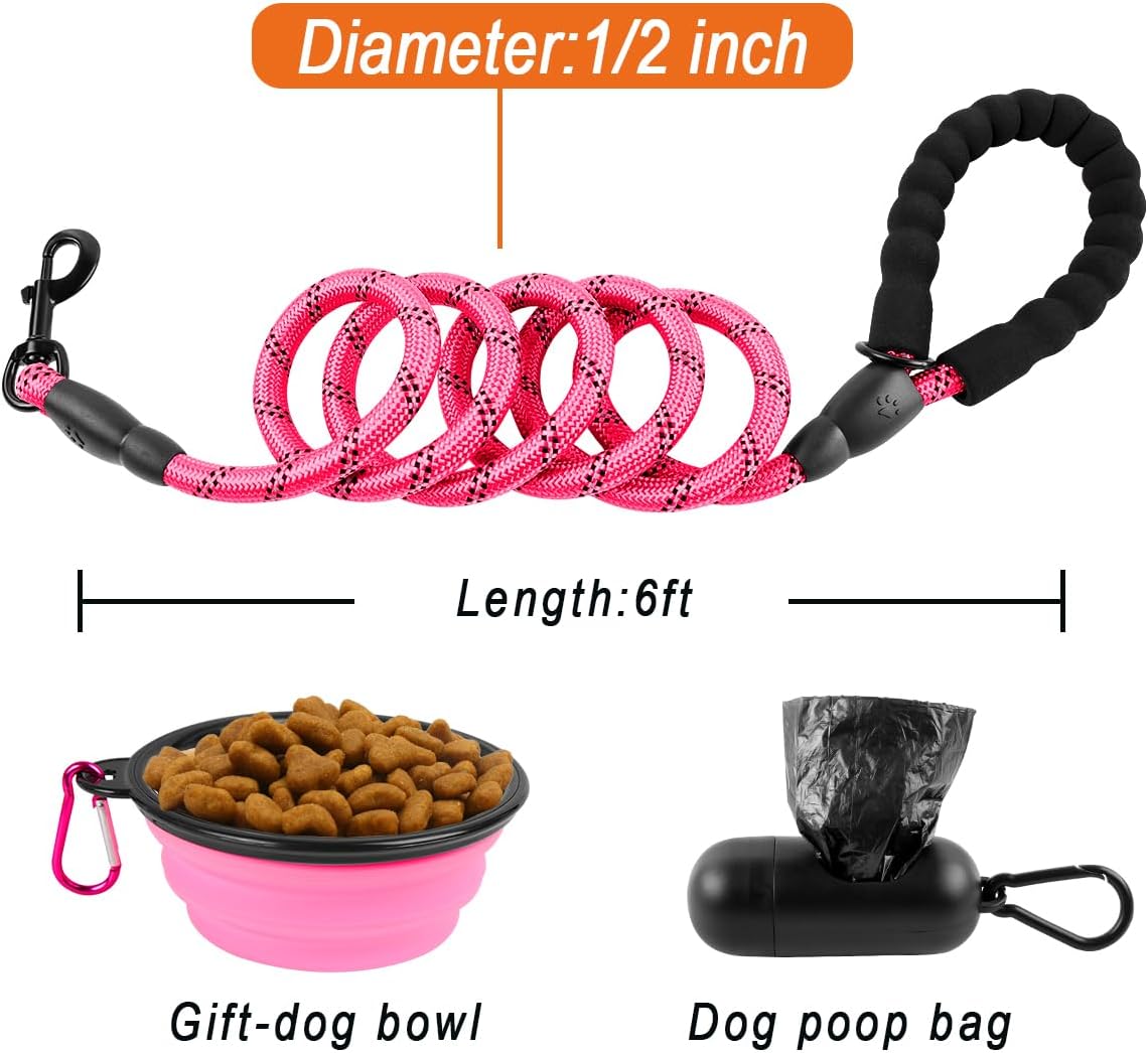BARKBAY Dog Leashes for Large Dogs Heavy Duty Dog Leash 4/5/6 FT with Comfortable Padded Handle and Highly Reflective Threads for Medium Large Dogs Walking Training Running (6FT-1/2'',Pink)