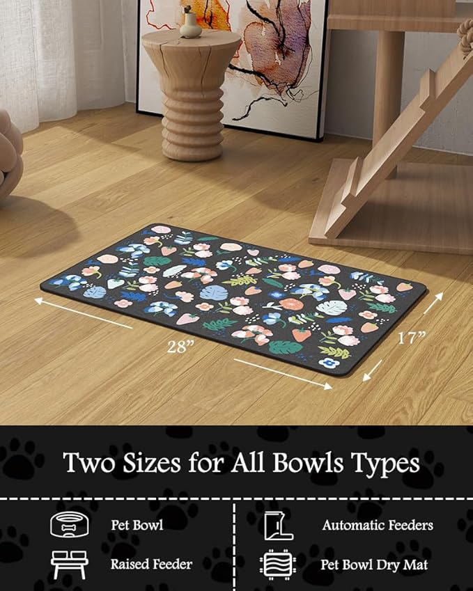Pet Feeding Mat-Absorbent Dog Mat for Food and Water Bowl-No Stains Quick Dry Water Dispenser Mat-Dog Accessories Pet Supplies-Bowl for Messy Drinkers(DARKFLOWERS,17"x28"