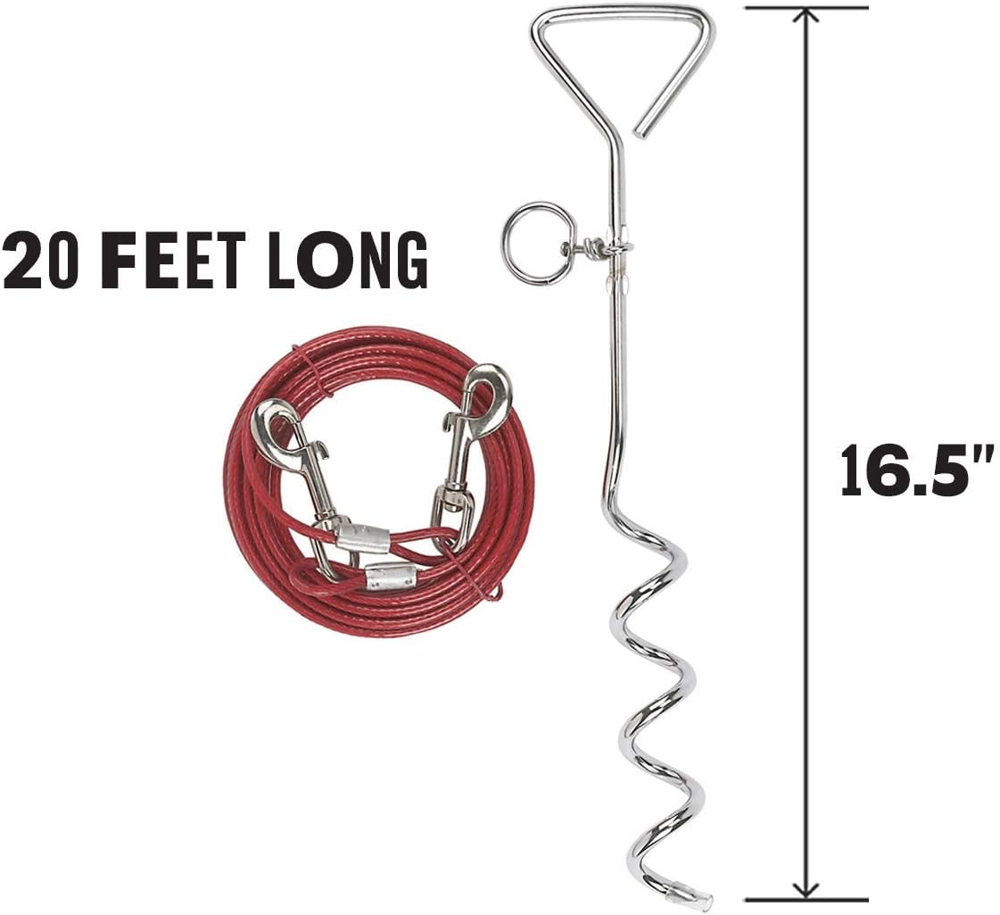 Katzco Chrome Dog Corkscrew Stake with Leash Lead - 25 Foot Cable with 80 lb Pull Strength - Heavy-Duty Outdoor Tie-Out for Large, Medium, and Small Energetic Dogs - Backyard Summer Dog Run - Red