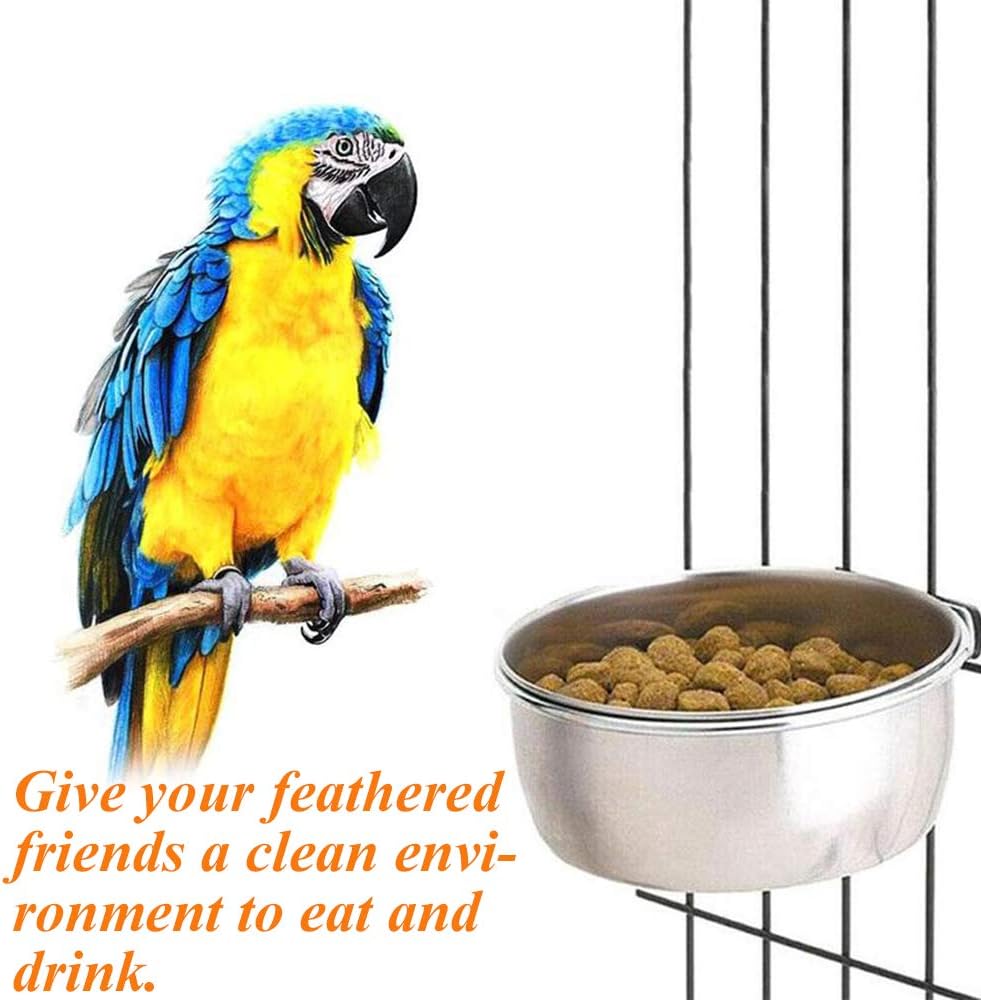 kathson 4 Pack Bird Feeding Dish Cups, Stainless Steel Parrot Feeders Water Cage Bowls with Clamp Holder Bird Feeders for Parakeet Cockatiels Conure Budgies Lovebird Finch and Small Animals
