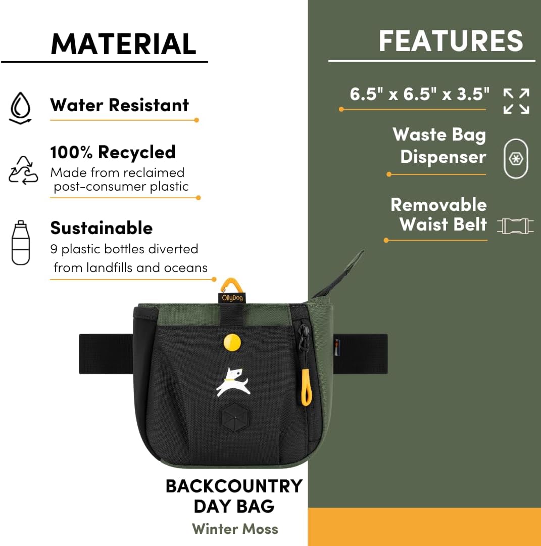 OllyDog Backcountry Day Bag | Hands-Free Dog Training Treat Pouch | Fanny/Hip Pack with Zipper Closure & Built-in Poop Bag Dispenser | Removable Waist Clip (Winter Moss)