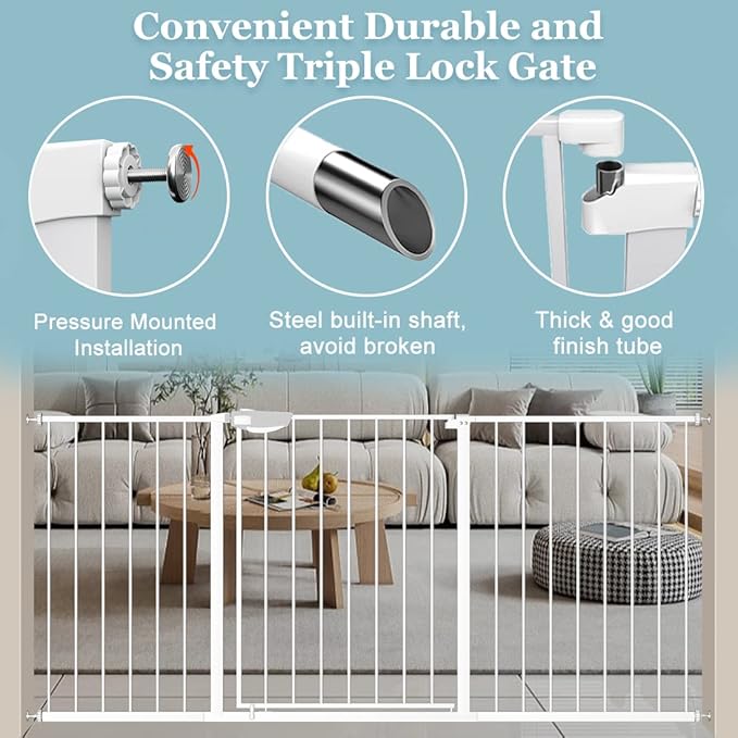 WAOWAO Triple Lock Baby Gate Extra Wide 81.49-85.82" Pressure Mounted Walk Through Swing Auto Close Safety White Metal Dog Pet Puppy Cat for Stairs,Doorways,Kitchen