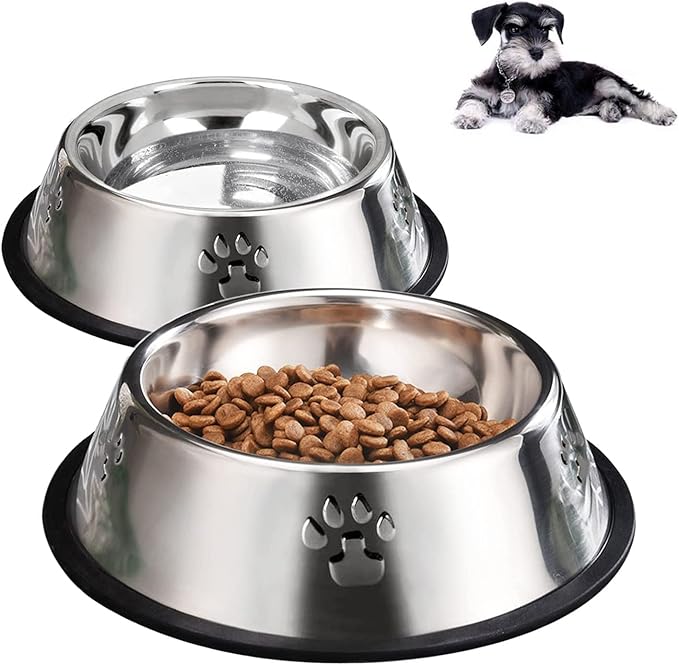YUDANSI 2 Stainless Steel Dog Bowls, Dog Feeding Dishes, Doggie Plate Food Bowls with Rubber Base, Small and Medium Pet Feeder for Food and Water (M-16.6oz)