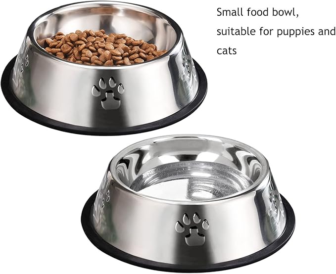 YUDANSI 2 Stainless Steel Dog Bowls, Puppy Cat Feeding Bowls, Shallow Cat Dish with Rubber Base, Mini and Small Pet Feeder Food Water Plate (XS-6oz)