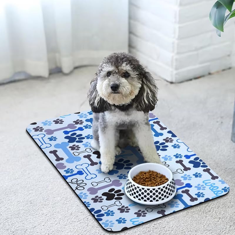 Dog Food Mats for Floors Waterproof, Pet Water Bowl Mats Pet Feeding Absorbent Placemats Blue 17 * 30 inch