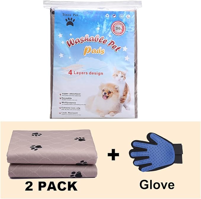 SincoPet Washable Dog Pee Pads with Puppy Grooming Gloves,Puppy Pads,Reusable Pet Training Pads,Large ,Waterproof Pet Pads for Dog Bed Mat,Super Absorbing Whelping Pads,41x41 Inch (Pack of 2)