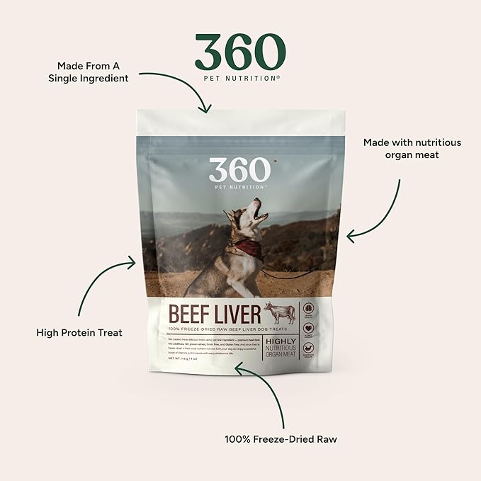 360 Pet Nutrition Freeze-Dried Raw Beef Liver Dog Treats – Single Ingredient, High Protein, Grain-Free, All-Natural Training Snacks, Made in USA, 4 oz