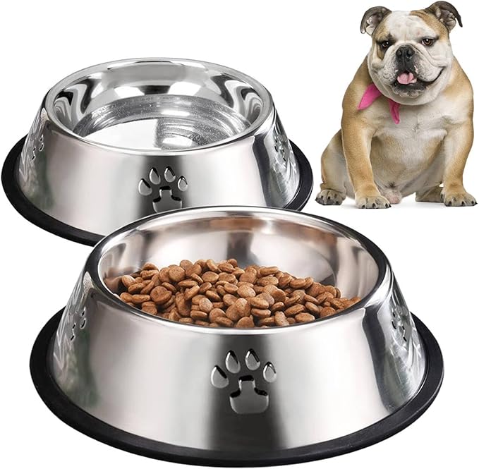 YUDANSI 2 Stainless Steel Dog Bowls, Dog Feeding Dishes, Doggie Plate Food Bowls with Rubber Base, Medium and Large Pet Feeder for Food and Water (L-28.8oz)