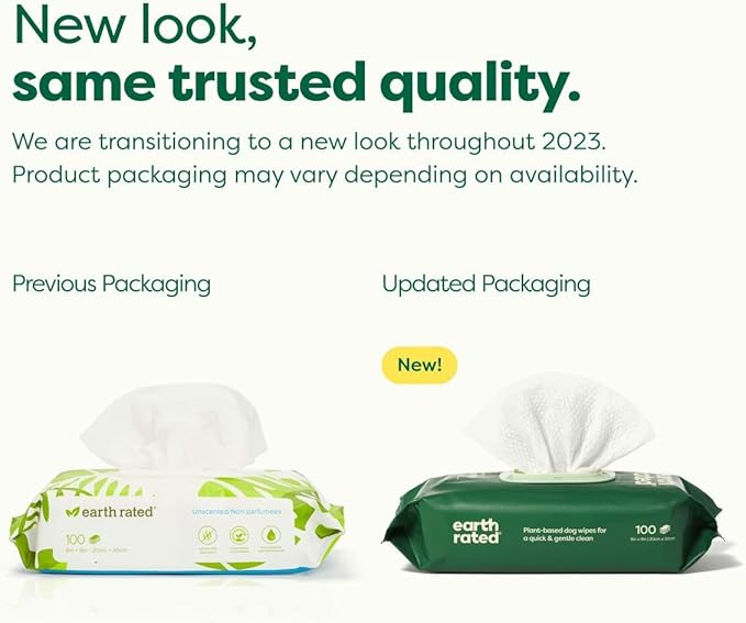 Earth Rated Pet Wipes for Dogs and Cats, Hypoallergenic, Cleaning and Hydrating, for Grooming Paws, Body and Butt, Unscented, 100 Count