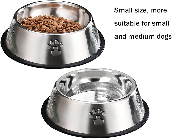 YUDANSI 2 Stainless Steel Dog Bowls, Dog Feeding Dishes, Doggie Plate Food Bowls with Rubber Base, Small and Medium Pet Feeder for Food and Water (M-16.6oz)