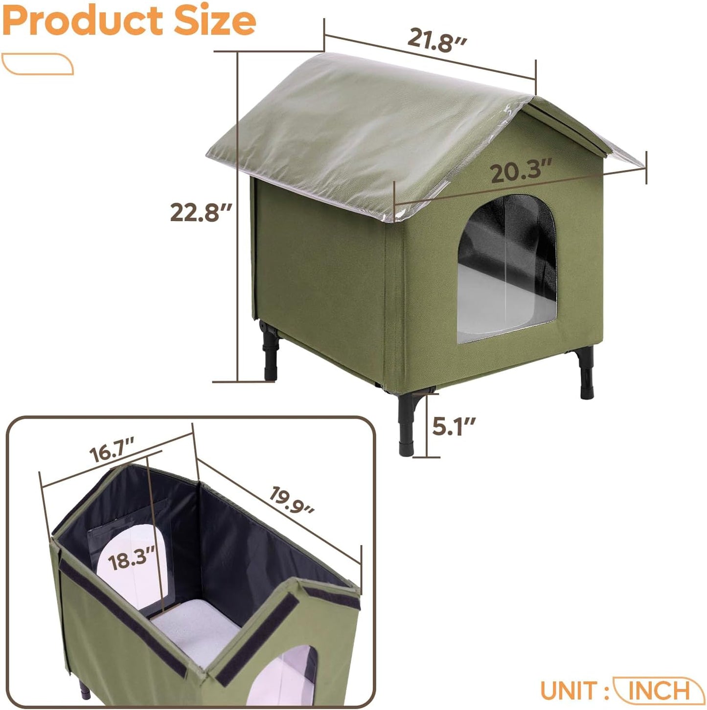 Large Cat House for Outdoor Cats Weatherproof, Indestructible Feral Cat House for Outside, Waterproof Elevated Kitty Pet House with Soft Pad, Extra Roof Cover, Easy Assembly, Barn, Porch