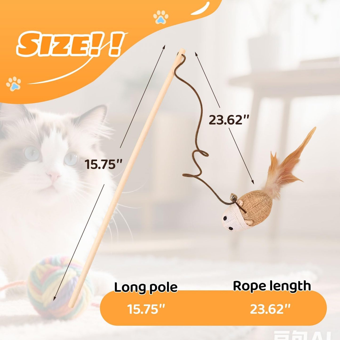 Cats Wand Toy Cat Teaser Toy Stretchy Rope Mouse Shape with Bell Feather Cat Self-Help Relief Toys Bite and Wear Resistant Pet Interactive Toy Suitable for Kittens Adult Cats Households