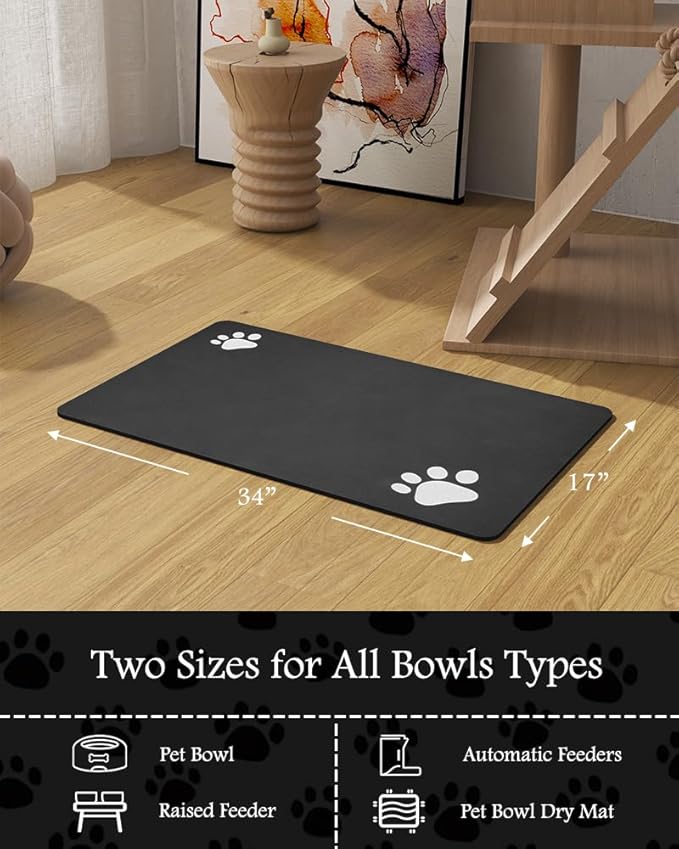 Pet Feeding Mat-Absorbent Dog Mat for Food and Water Bowl-No Stains Quick Dry Water Dispenser Mat-Dog Accessories Pet Supplies-Bowl for Messy Drinkers(Black,17"x34"