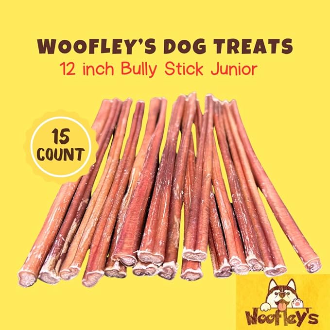 Woofley's 12 Inch Bully Sticks for Small Dogs - (15 Count) - Bully Sticks for Dogs - Long Lasting Dog Chews