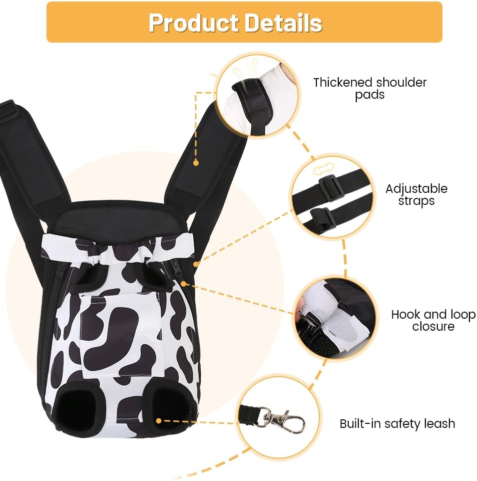 Inspack Dog Backpack Carrier/Cat Carrier, Adjustable Pet Front Carriers Travel Bag for Puppy Medium Dogs, Legs Out, Soft Ventilated Dog Chest Carry Backpacks for Hiking/Camping, 2.5-4 lbs, Cow Print