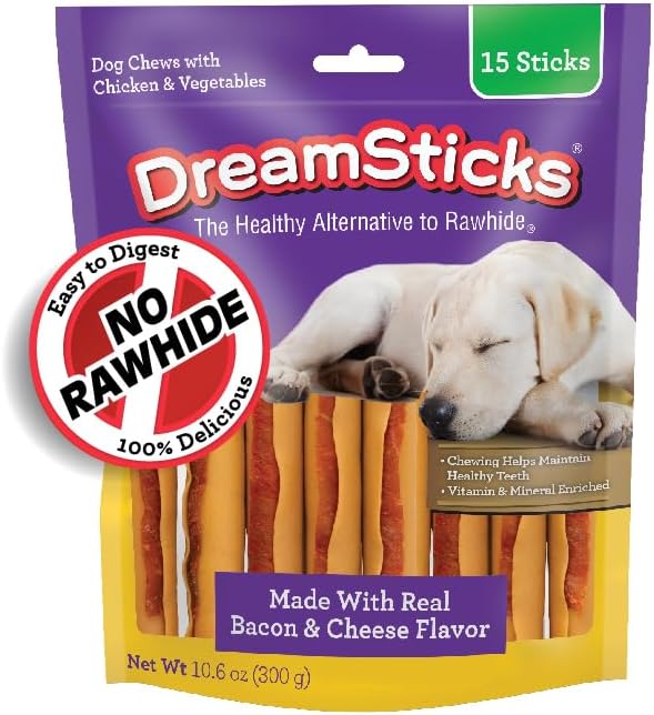 DreamBone DreamSticks with Real Bacon and Cheese Flavor, Rawhide Free Dog Chew Sticks 15 Sticks
