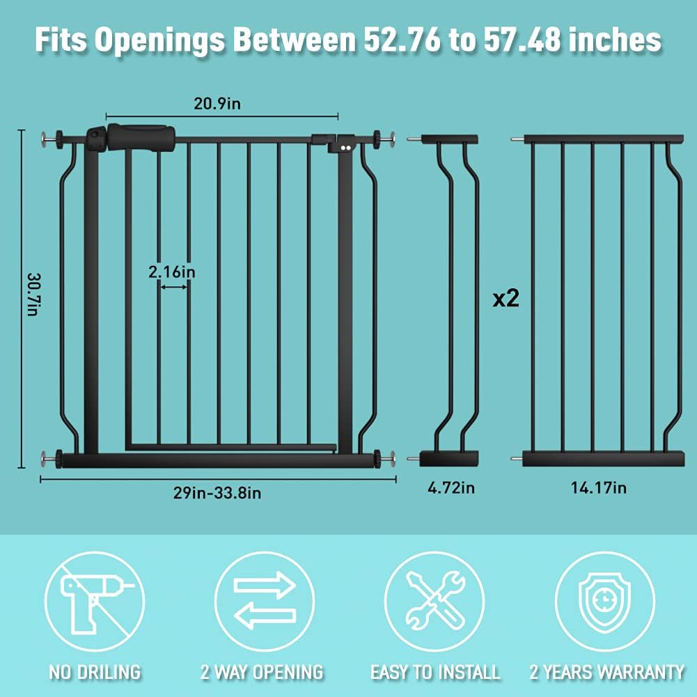 WAOWAO Baby Gate 52.76-57.48" Extra Wide Pressure Mounted Walk Through Swing Auto Close Safety Black Metal Toddler Kids Child Dog Pet Puppy for Stairs,Doorways,Kitchen