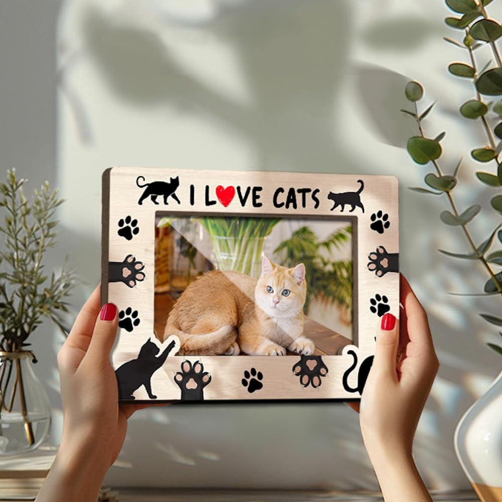I Love Cats Wooden Picture Frames Present for Cat Lover Pet Owner Women Girls Friends Kitten Memorial Keepsake Home Office Living Room Tabletop Decor Picture Picture Frames 4x6 Photo - YY024