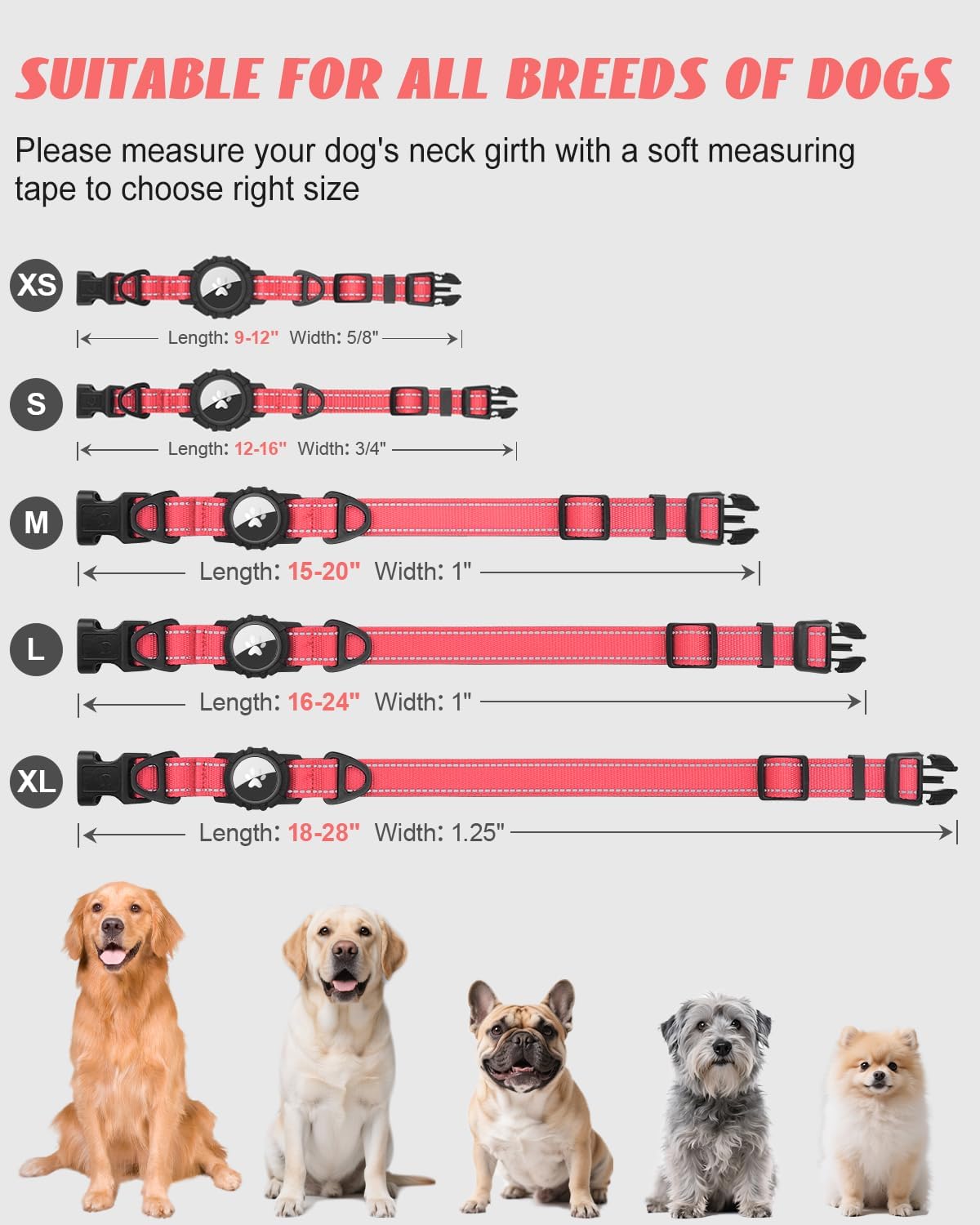 Joytale Airtag Dog Collar, Reflective Pet Collar with Waterproof AirTag Holder, Dual D-Rings, Soft Padded Adjustable for Extra Small and Puppy Dogs, Neon Pink, XS