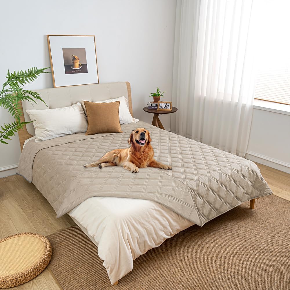 fuguitex Waterproof Dog Blanket Reversible for Small Dogs Resistant Leakproof Washable Couch Cushion Bed Protector Cover for Indoor Furniture Pet Friendly(52"*82",Brown+Khaki+Khaki