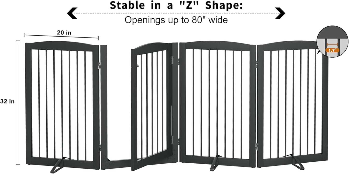 Freestanding Dog Gates with Door Walk Through, Pet Gate for Stairs, 80 inch Wide Gates Indoor, Dog Fences Indoor, Support Feet Included, 4 Panels, 32" Tall, Grey