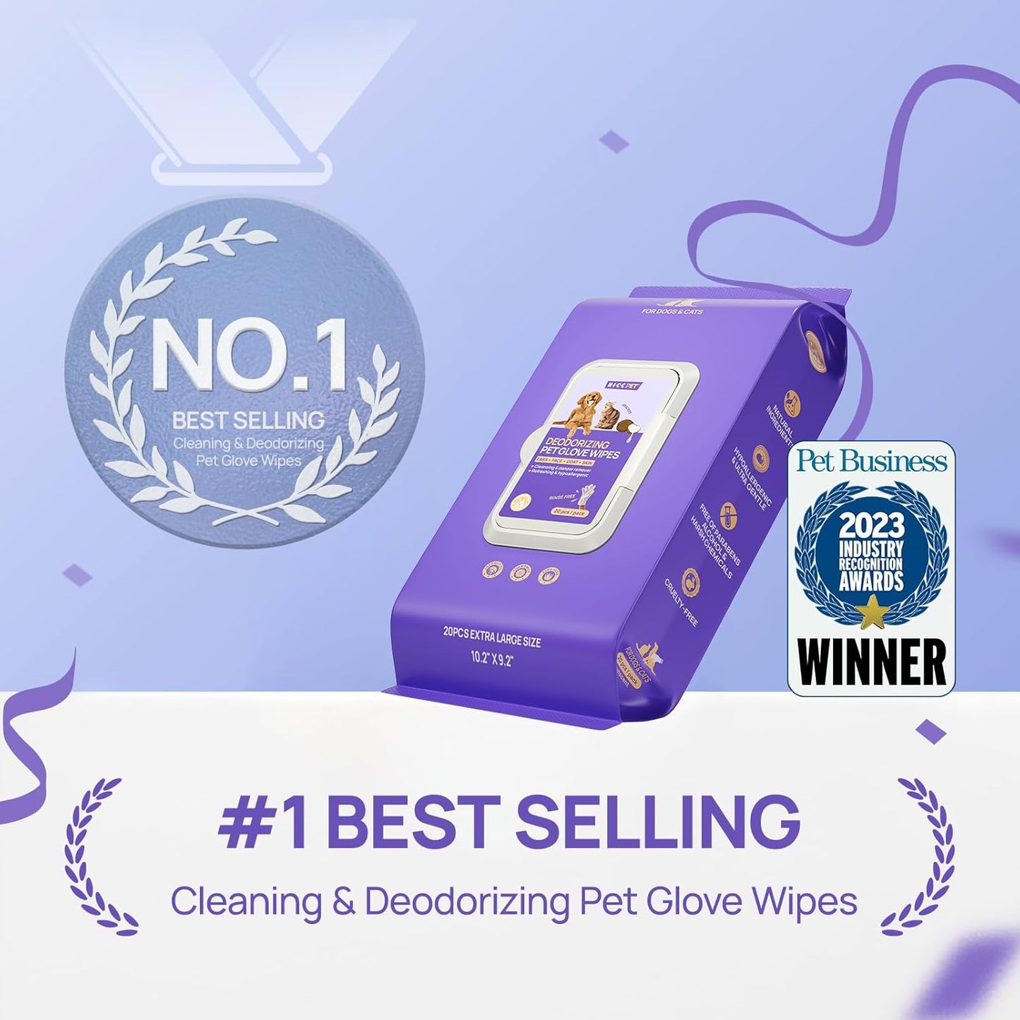 HICC PET Cleaning Deodorizing Glove Wipes for Dogs & Cats, Vet Recommended Hypoallergenic Pet Cleaning and Hydrating Glove Wipes, Nourish Fur Coconut Oil Pet Bathing Wipes for Horse Coat Care