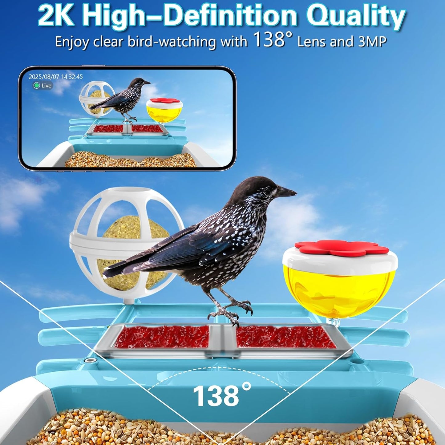TayePin Bird Feeder with Camera Solar Powered & AI Identify 10,000+ Birds Species, 2.4Ghz WiFi Smart Feeding, 2K HD Live Video for Outdoor, IP65 Waterproof, Instant Arrival Alerts, Bird Lover Gifts