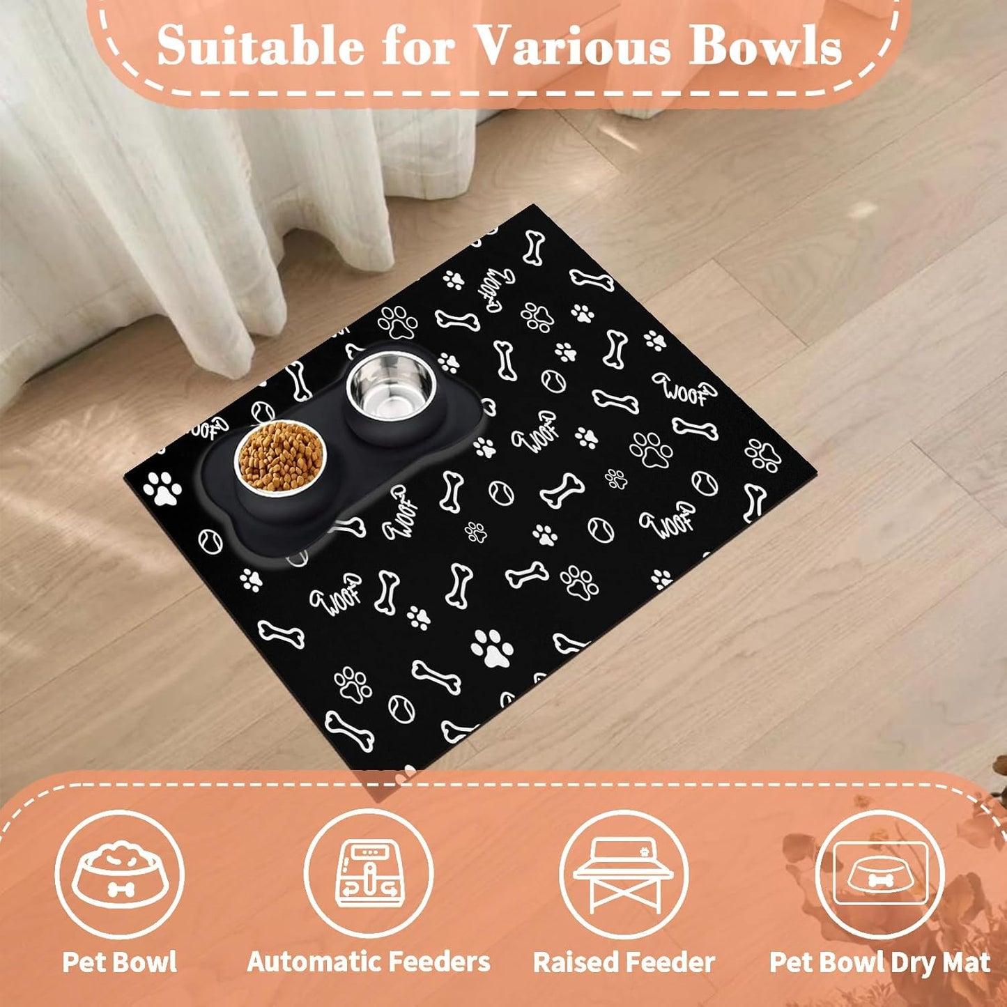 Pet Dog Food Mat Large - Absorbent Non-Slip Placemat for Dog Bowl,Cat Feding Mats for Floors,Dishmat for Food and Water,12"x20"(Paw Print)