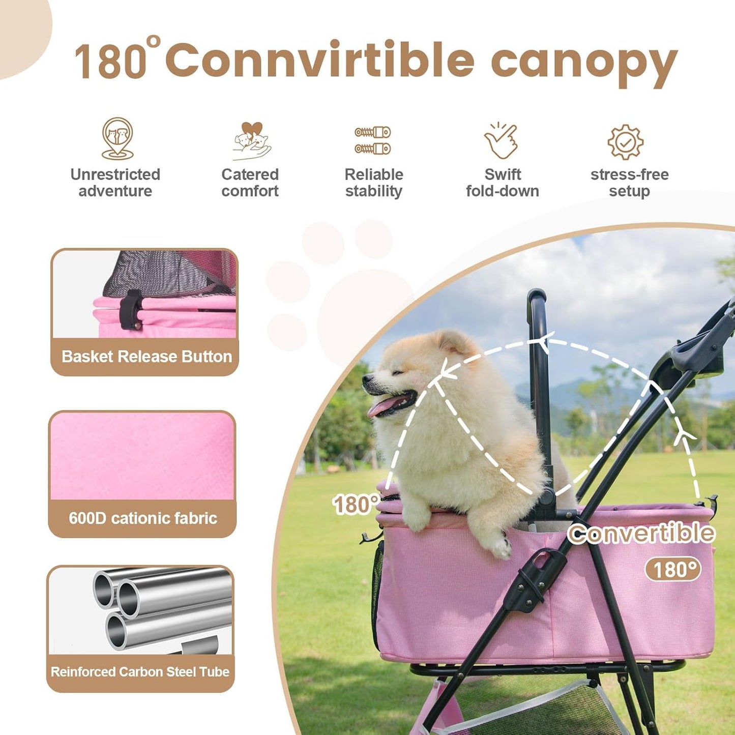 Pet Stroller, 4 Wheels Pet Strolling Cart for Medium/Small Dogs and Cats, Foldable Cat Jogger/Dog Stroller with Cup Holder, Storage Basket, Breathable Mesh, All-Season Pet Carrier (Pink)