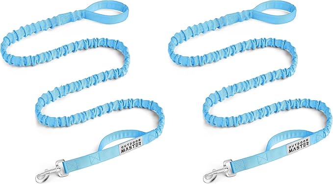 OutdoorMaster Bungee Dog Leash - Heavy Duty with Shock Absorption, 2 Padded Handles, Improved Dog Safety and Comfort (Blue, 6 FT) (Pack of 2)