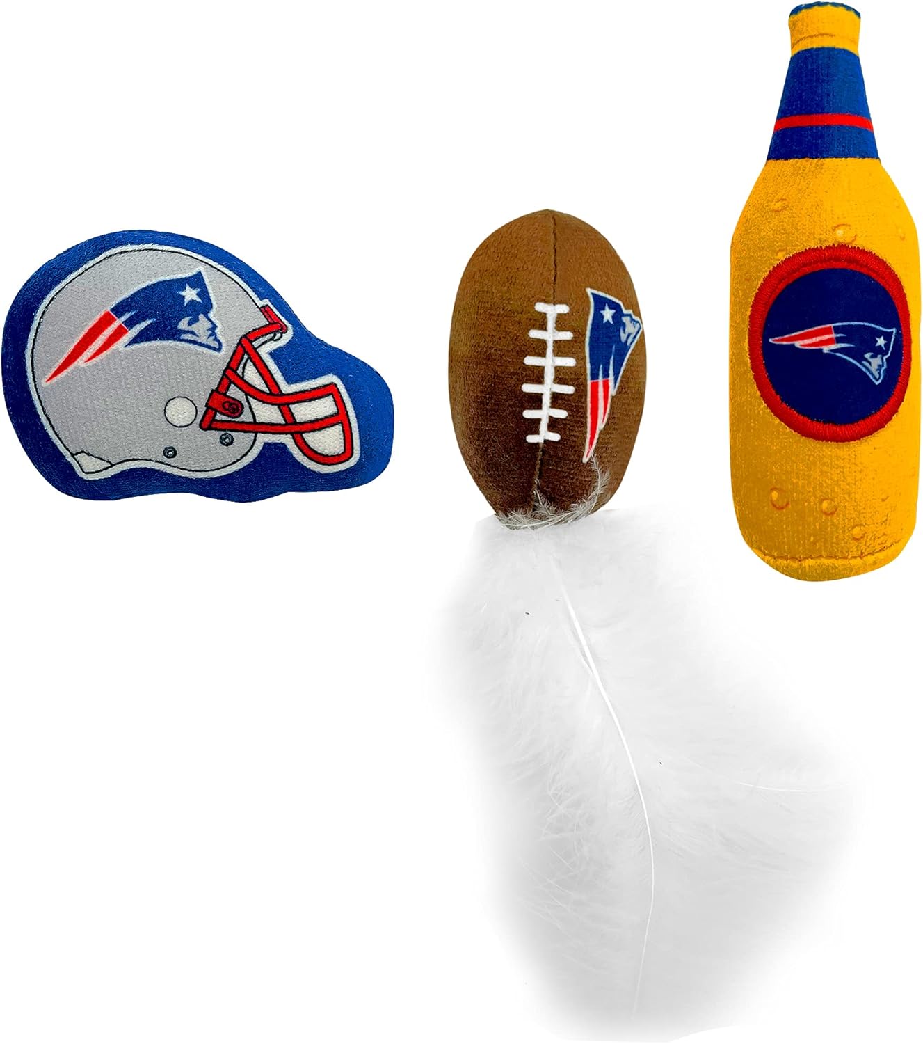 BEST PLUSH CAT TOY: NFL NEW ENGLAND PATRIOTS Complete Set of 3 piece Cat Toys filled with Fresh Catnip. Includes: 1 Helmet Cat Toy, 1 Football Cat Toy with Feathers & 1 Beer Bottle all with Team LOGOS