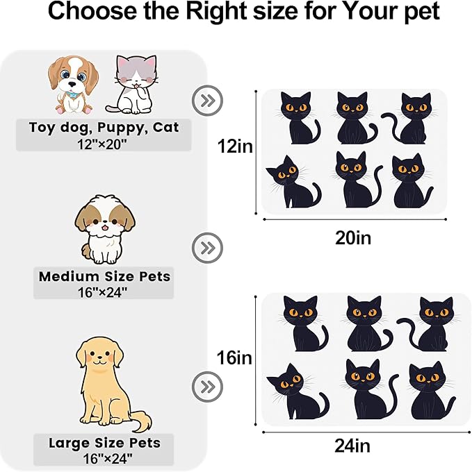 Cute Black Cats Dog Food Mat-Absorbent Pet Feeding Mat for Food and Water Bowl, Quick Dry Dog Placemat with Rubber Backing-No Stains Pet Supplies for Messy Drinkers 12"x20"